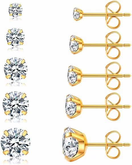 5 Pairs Stud Earrings Set, Hypoallergenic Cubic Zirconia 316L Earrings Stainless Steel CZ Earring... | Amazon (US)