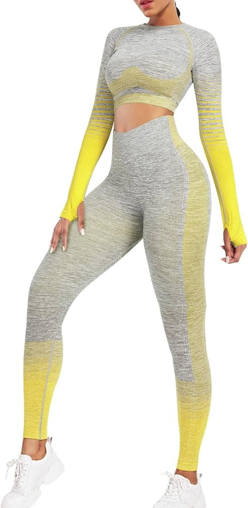 FeelinGirl 2 Piece Workout Sets for Women Long Sleeve Yoga Outfits Seamless Ribbed Crop Top High ... | Amazon (US)
