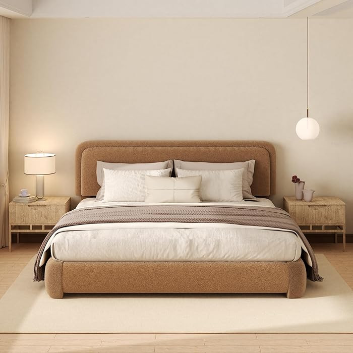 King Boucle Platform Bed Frame with Height Adjustable Headboard, Modern Upholstered Cloud Bed, Sl... | Amazon (US)