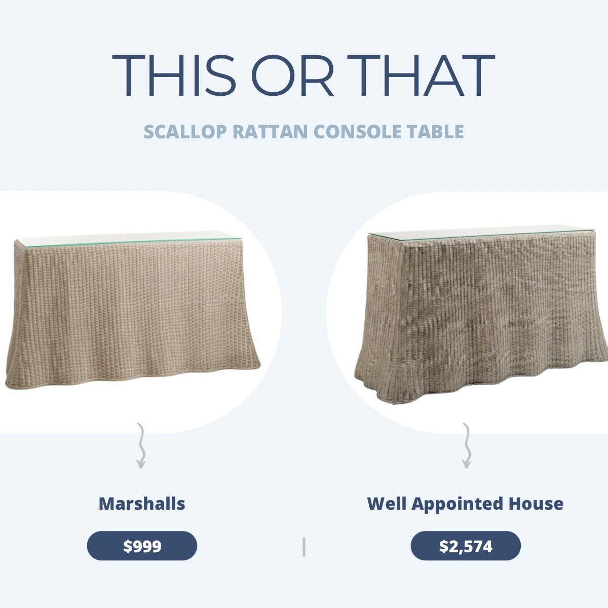 Scallop rattan console table with glass top! Save thousands on this designer inspired piece

Console table, rattan, cotton table, scalloped console table, look for less, coastal style home, scalloped furniture, designer, inspired, entryway, entryway table