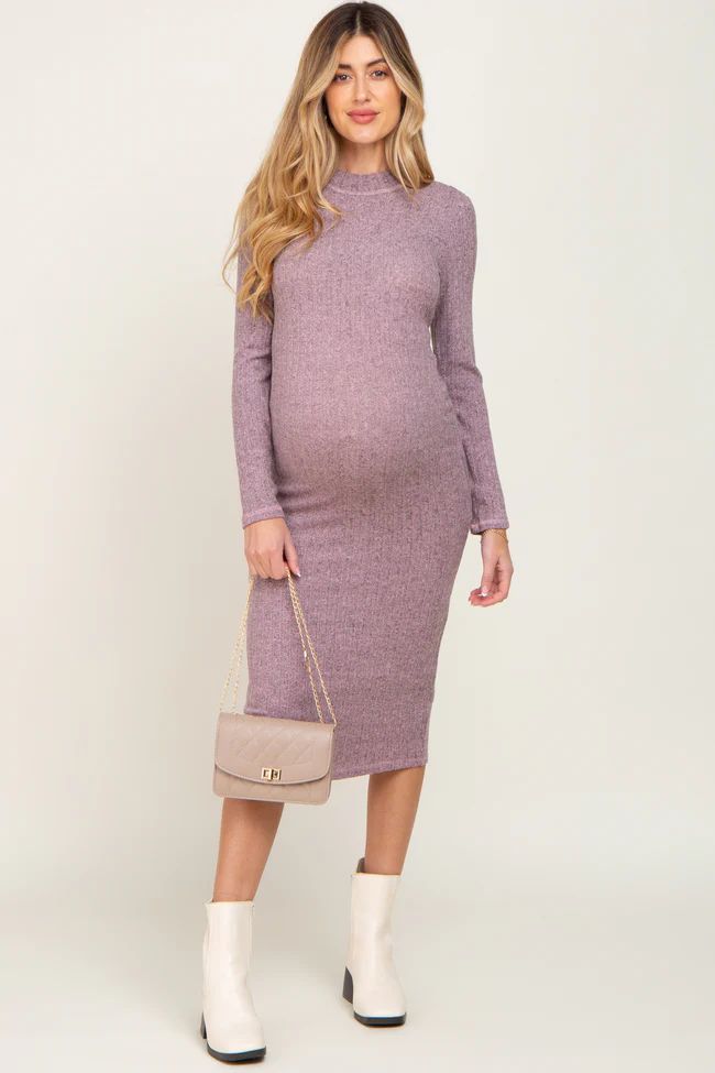 Mauve Brushed Knit Long Sleeve Mock Neck Maternity Dress | PinkBlush Maternity