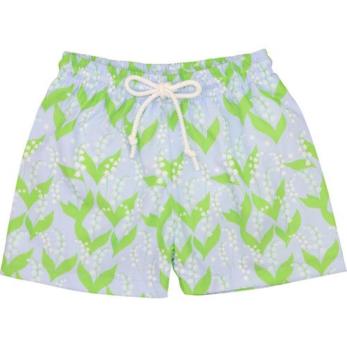 Blue And Green Leaf Print Swim Trunks - Shipping Mid May | Cecil and Lou