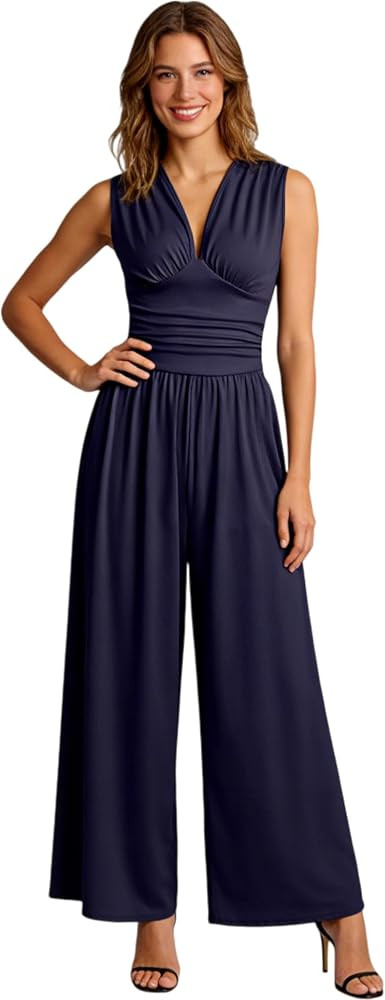 Womens Jumpsuits V Neck Wide Leg Sleeveless Casual Stretchy Vacation Outfits with Pockets | Amazon (US)