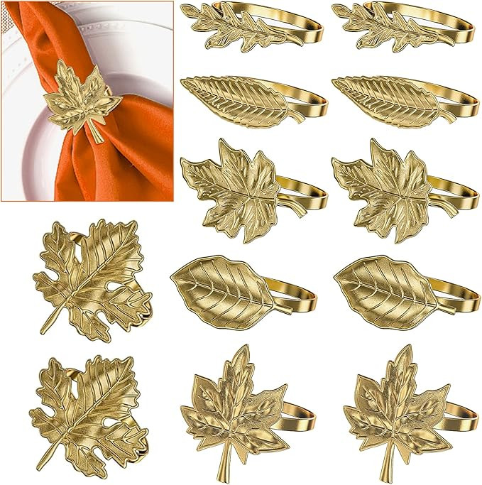 Thanksgiving Napkin Rings Set of 12 Fall Leaf Table Decor Bronze Maple Leaf for Thanksgiving Day ... | Amazon (US)