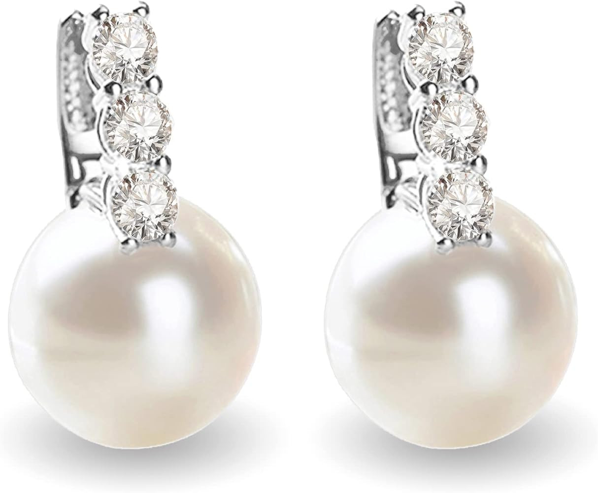 RITACH Pearl Earrings for Women 925 Sterling Silver White Gold Dangle Drop Earrings 5A Cubic Zirc... | Amazon (US)