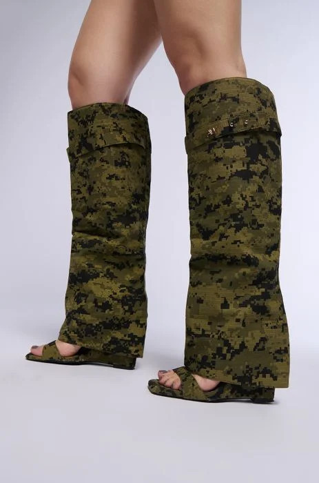 AZALEA WANG MARIETTA FOLD OVER OPEN TOE SANDAL BOOT IN CAMO | AKIRA