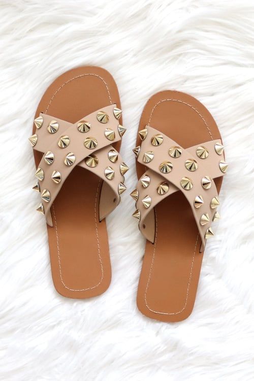 Cross Band X Strap Studded Sandals-Taupe | Fashion Junkee
