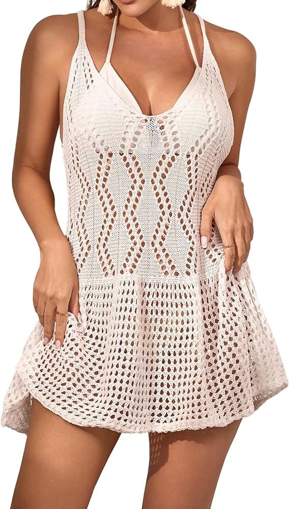 Eomenie Womens Swimsuit Coverup Crochet V Neck Beach Cover Up Sexy Backless Mini Dress | Amazon (US)