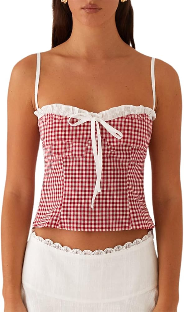 Womens Sexy Lace Trim Camisole Tank Tops Y2k Slim Fit Corset Going Out Streetwear Ruffle Spaghett... | Amazon (US)