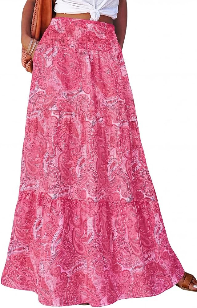 PRETTYGARDEN Summer Boho Floral Maxi Skirts for Women 2026 Elastic High Waist Flowy Beach Vacatio... | Amazon (US)