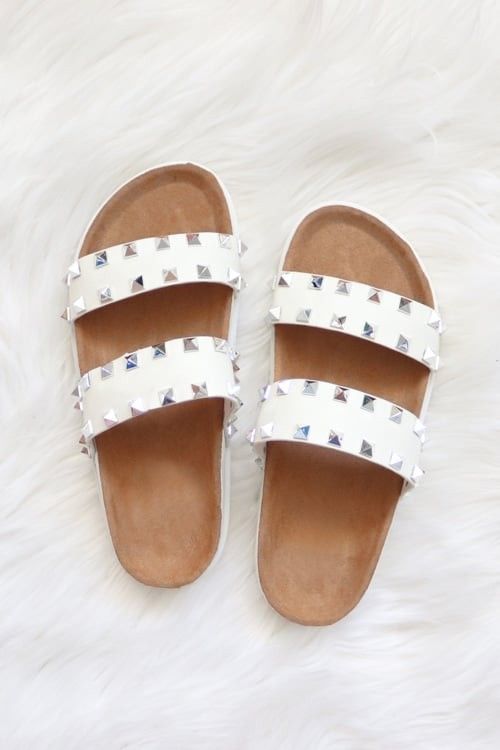 Studded Double Strap Platform Sandals Slides-White | Fashion Junkee