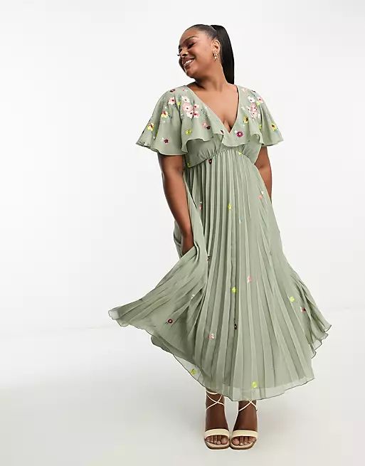 ASOS DESIGN Curve v-neck angel sleeve pleat midi dress with all over embroidery in khaki | ASOS (Global)