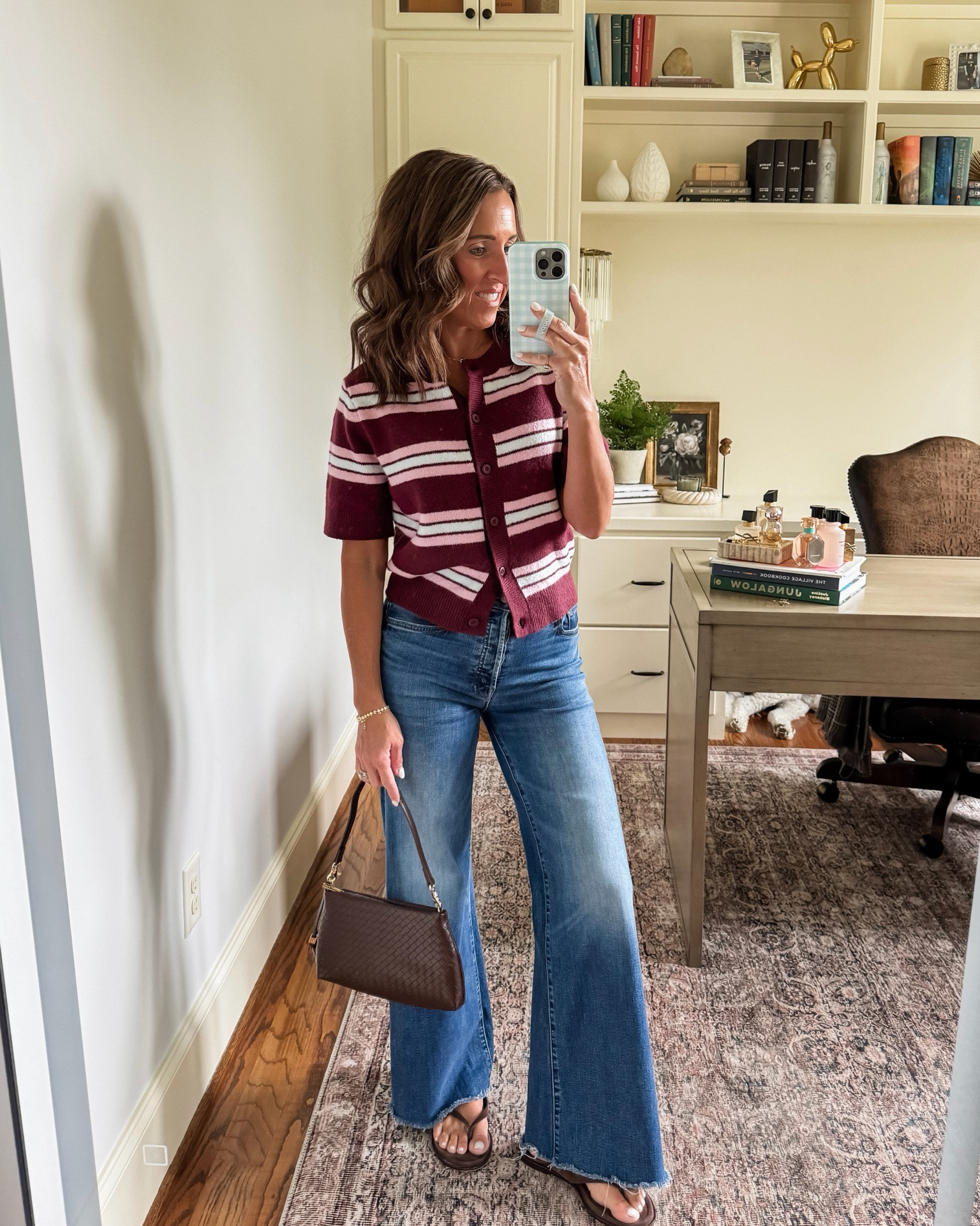 Casual Fall outfit. Short sleeve cardigan. Mother hustler. Suede flip flops. Shoulder bag converts to wristlet. 
Sweater S. Jeans TTS, 25.

#LTKootd #LTKSeasonal #LTKOver40