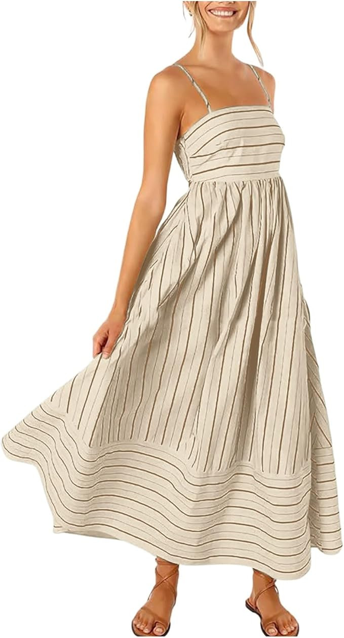 Women Striped Sleeveless Maxi Dress Swing Cutout Midi Dress Backless Smocked Spaghetti Strap Boho... | Amazon (US)