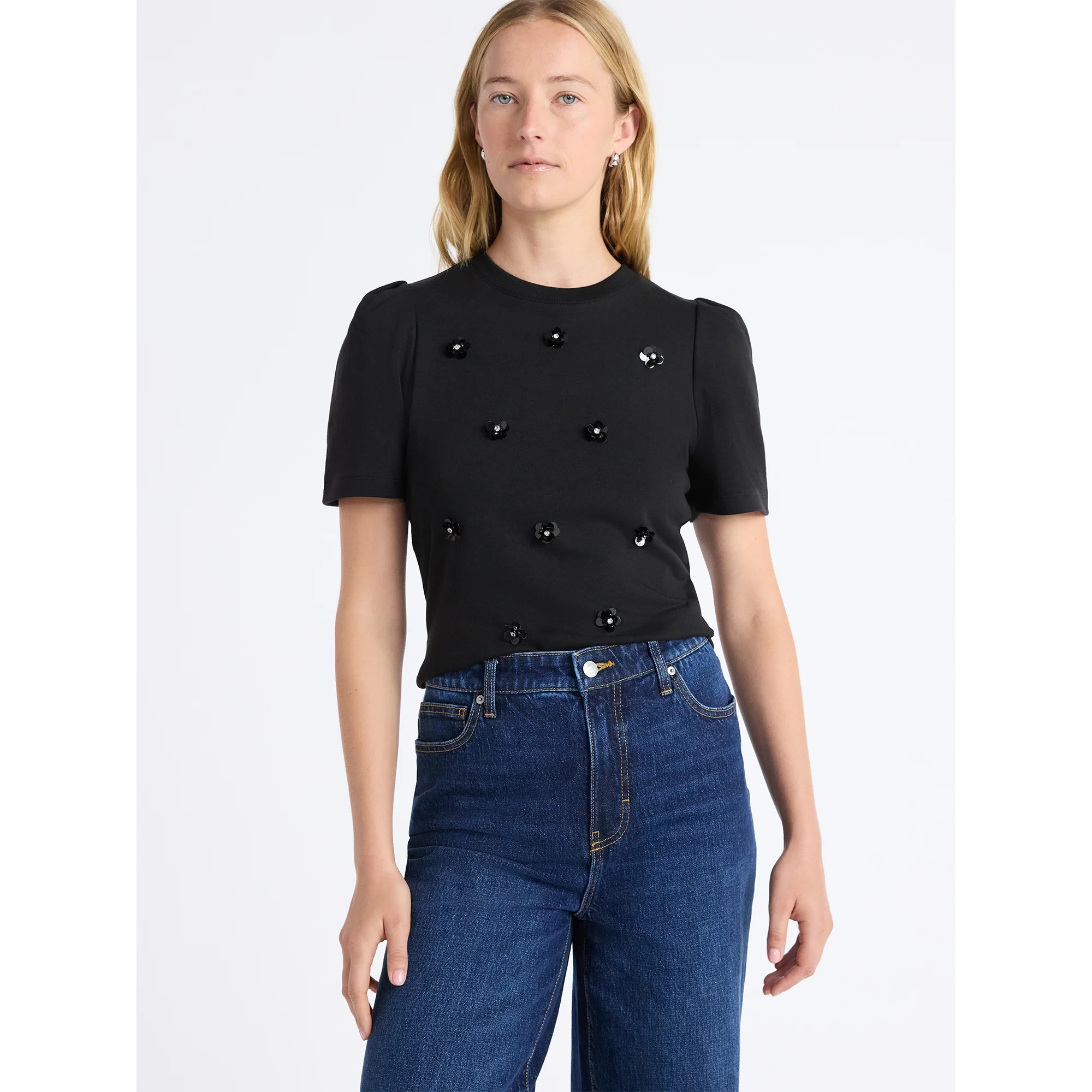 Free Assembly Women's and Women's Plus Embellished Pleat Shoulder Top with Short Sleeves, Sizes X... | Walmart (US)
