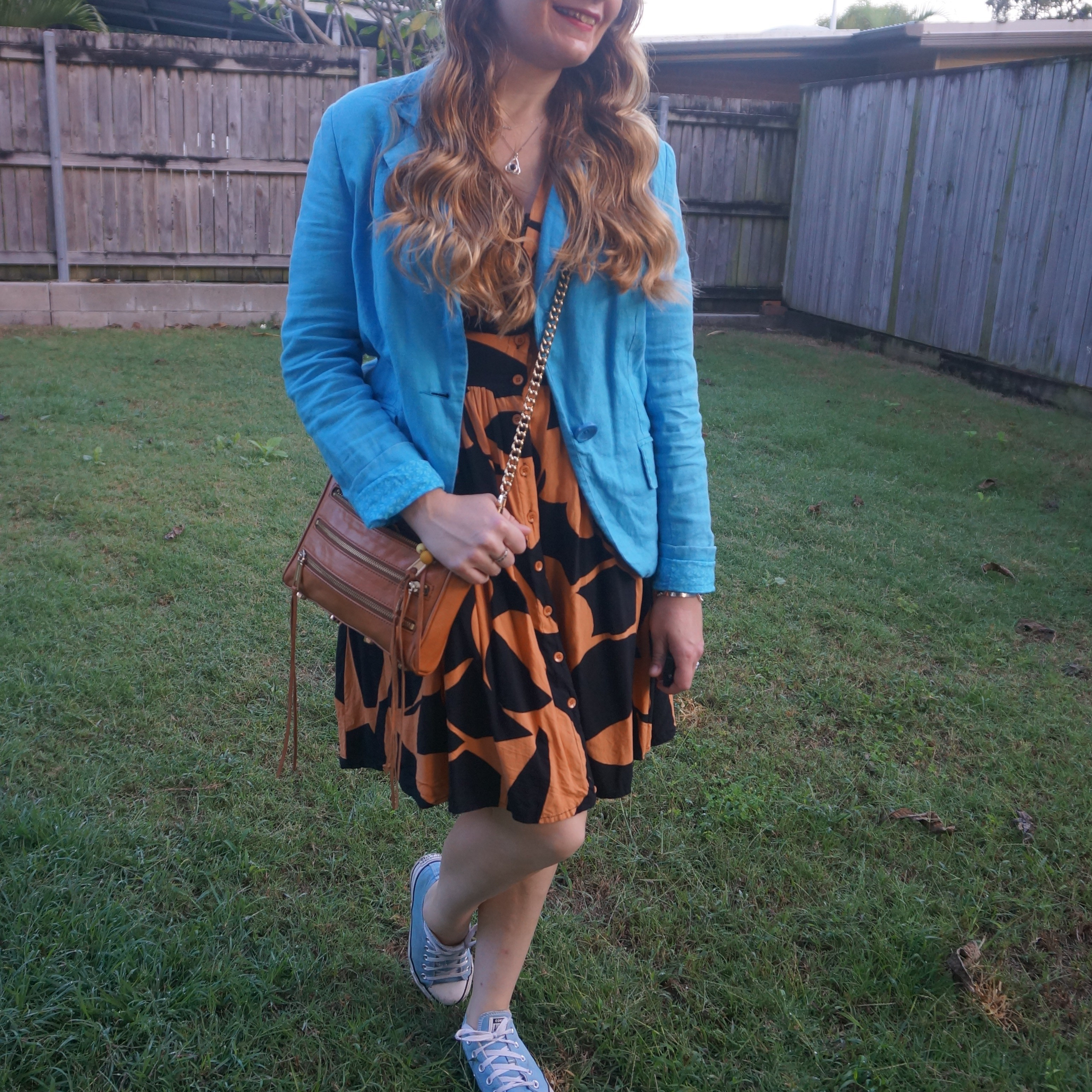Thrifted blue Target linen blazer with orange and black Salty Crush dress from my sister's wardrobe, blue Converse and tan Rebecca Minkoff mini 5-zip bag 🧡

#LTKaustralia #LTKworkwear #LTKbag