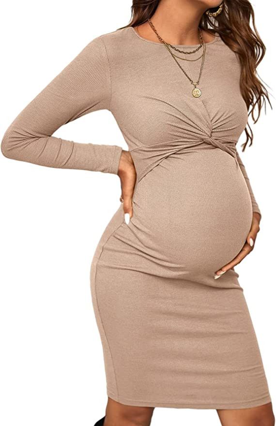 Verdusa Women's Maternity Twist Front Long Sleeve Round Neck Bodycon Dress | Amazon (US)