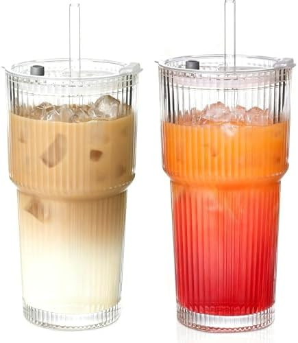 20OZ Glass Tumbler with Straw and Lid,Glass Cups with Lids and Straws,2PCS Ribbed Iced Coffee Cup... | Amazon (US)