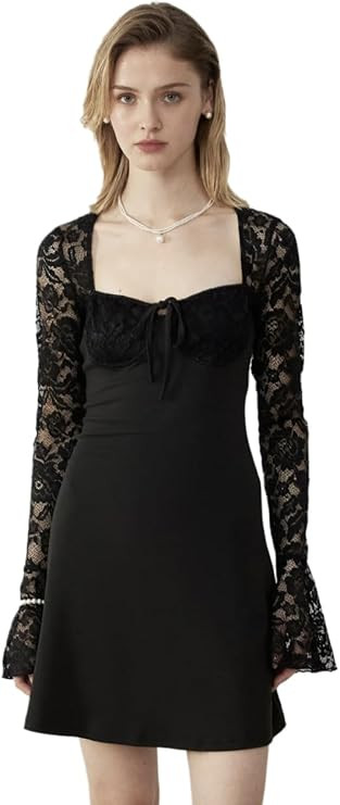 Women's Y2K Lace Mini Dresses Front Bow Tie Square Neck Long Sleeve Sexy Short Dress | Amazon (US)