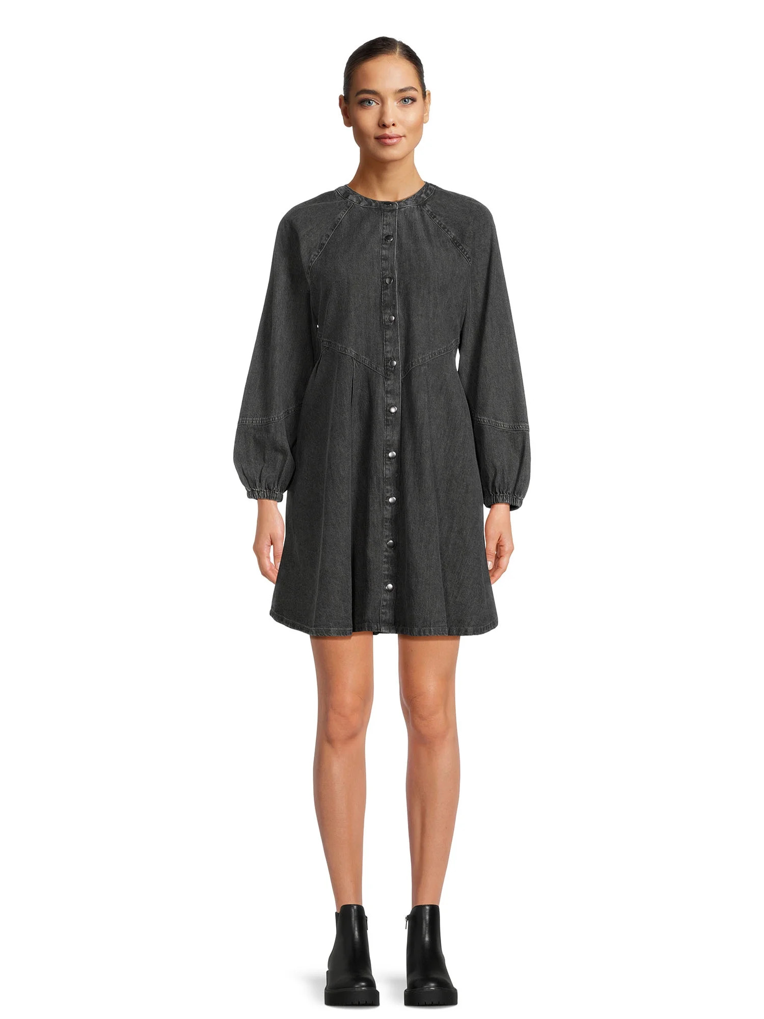 Time and Tru Women's Button Front Denim Mini Dress with Long Sleeves, Sizes XS-3XL | Walmart (US)