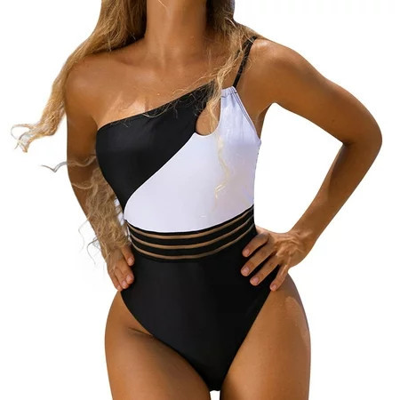 Swimsuit Women One Piece Modest Color Block Open Front One Shoulder Flowy Tummy Control Beachwear Bathing Suit For Women | Walmart (US)