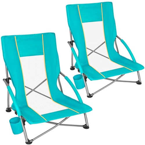 Romswi Low Beach Chairs for Adults 2 Pack, Lightweight Folding Sand Chairs with Breathable Mesh Back & Cup Holder, Portable Compact Camping Chairs, 300lbs Capacity,Green | Amazon (US)