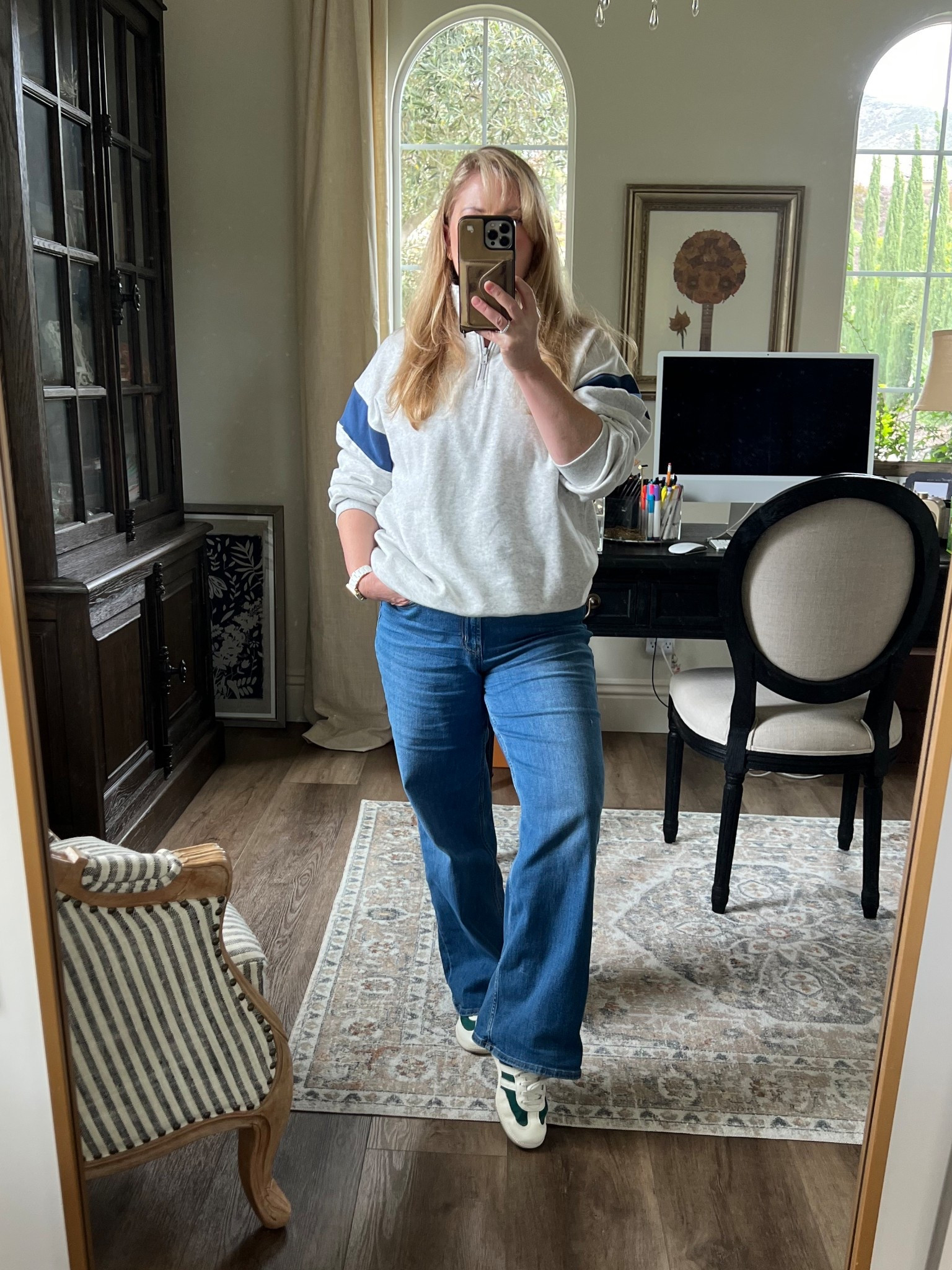 Easy OOTD • quarter zip sweatshirt (wearing boys XXL) • wide leg jeans • Samba OG sneaker 

#LTKootd #LTKSaleAlert #LTKOver40