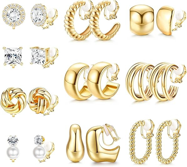 FIBO STEEL 10 Pairs Clip On Earrings for Women Non Pierced Ears CZ Pearl Knot Twist Chunky Hoop a... | Amazon (US)