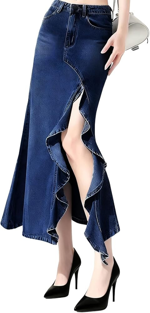 utcoco Women's Sexy Slit Denim Skirt Elegant Ruffle Fishtail Skirt Stretch High Waist Jean Skirts | Amazon (US)