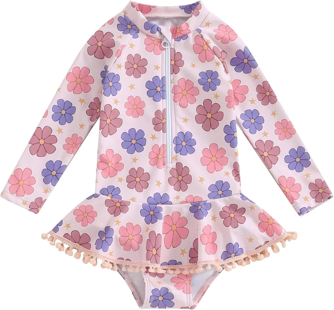 Yccutest Toddler Floral Bathing Suit Girls Long Sleeve Zipper Ruffle Tassel One Piece Swimsuit Ki... | Amazon (US)