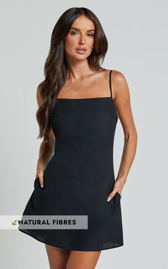 Mavie Mini Dress - Linen Strappy Shift Dress in Black | Showpo (US, UK & Europe)