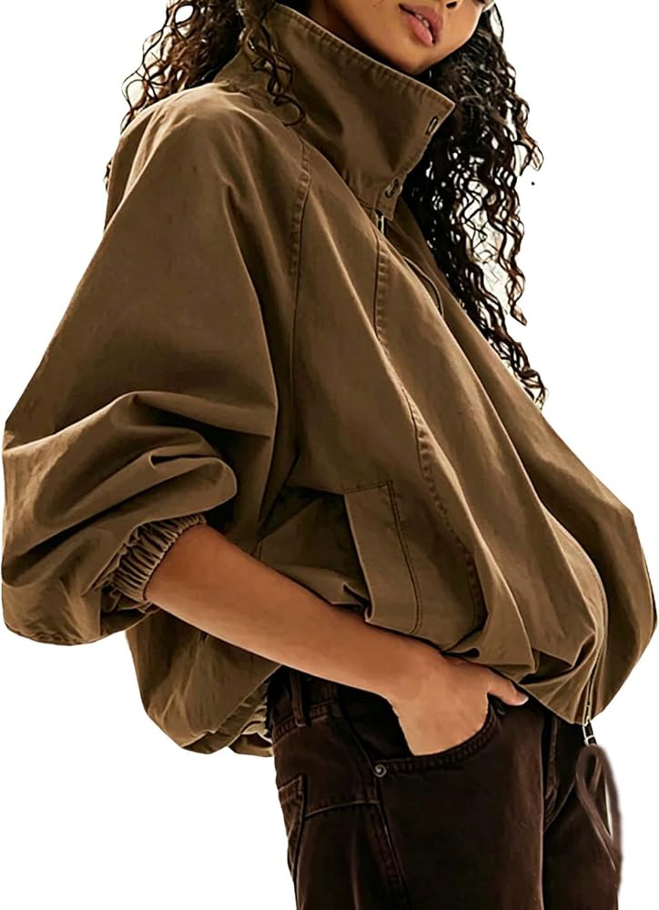 Womens Stand Collar Zipped Bomber Jacket Windbreaker with Pocket | Amazon (US)