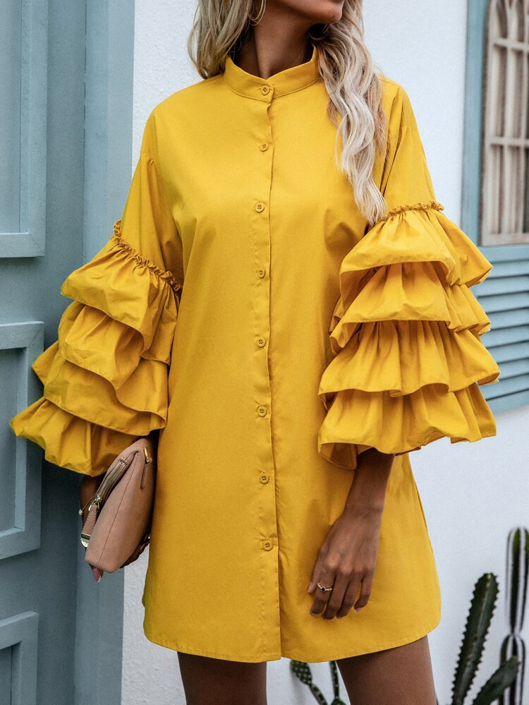 Layered Sleeve Solid Shirt Dress | SHEIN