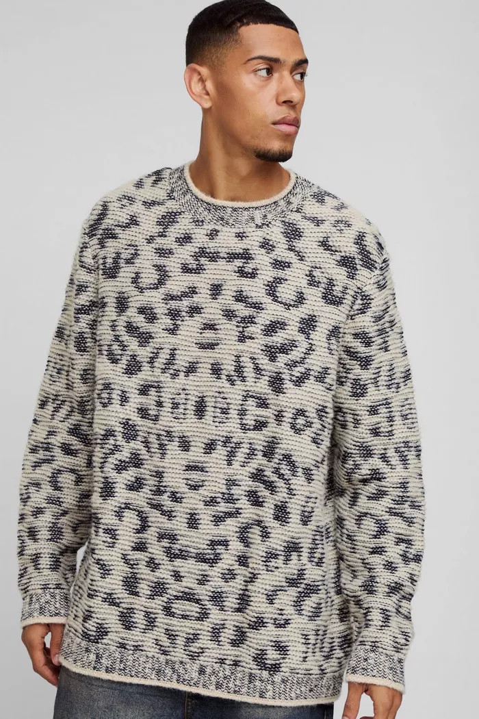 Oversized Jacquard Leopard Print Brushed Knitted Jumper | Boohoo.com (UK & IE)
