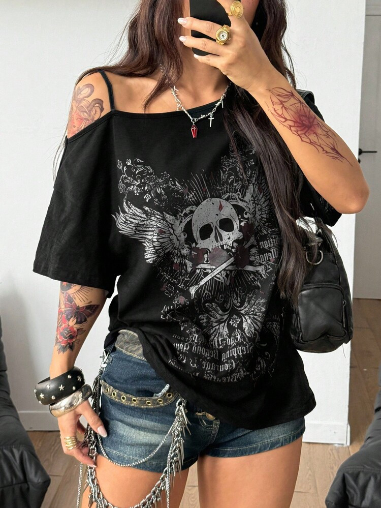 Coolane Women's Fall Streetwear Going Out Y2K Skeleton Graphics Halloween Halloween Loose Black T... | SHEIN