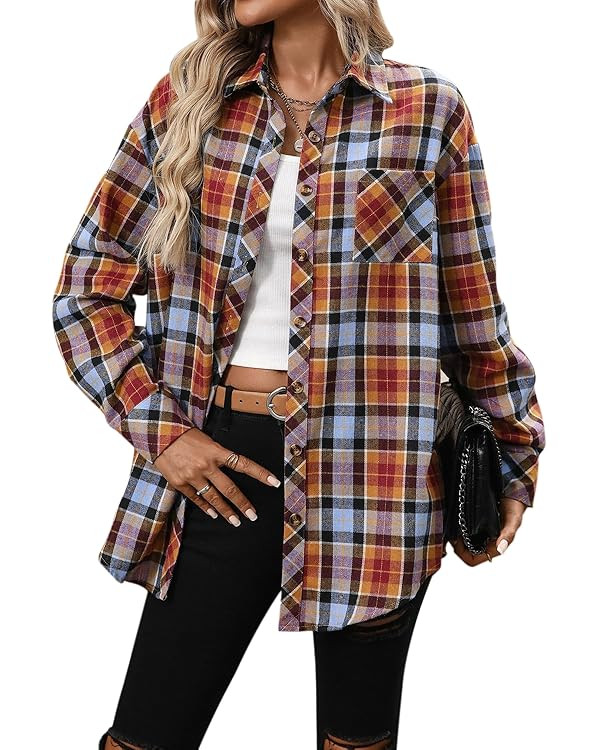 CHYRII Womens Oversized Flannel Shirts Button Down Long Sleeve Plaid Shirt Business Casual Blouse... | Amazon (US)