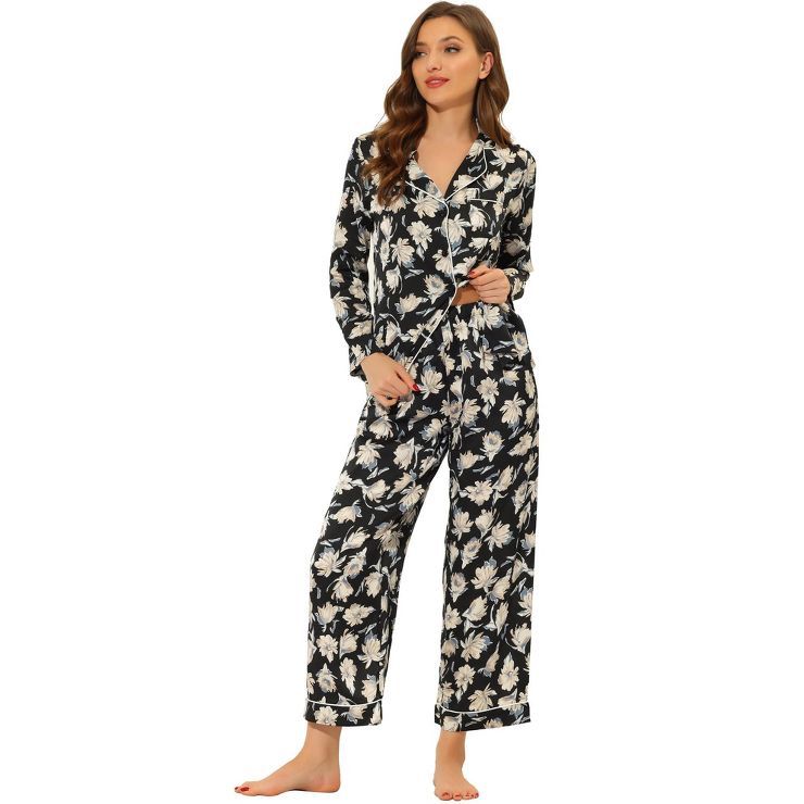 cheibear Womens Satin Sleepwear Pajama Floral Button Down Long Sleeve Nightwear Pjs Lounge Set | Target