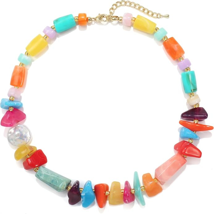 Colorful Irregular Stone Chip Beaded Necklace For Women Boho Rainbow Acrylic Bead Necklace Fashio... | Amazon (US)