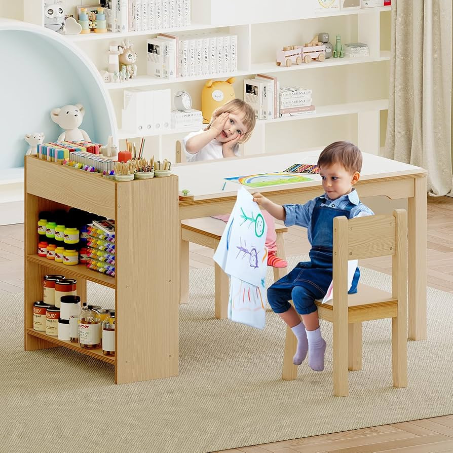 Kids Art Table, Wooden Kids Craft Table for Playroom, Kids Activity Table with 2 Chairs, 4 Storag... | Amazon (US)