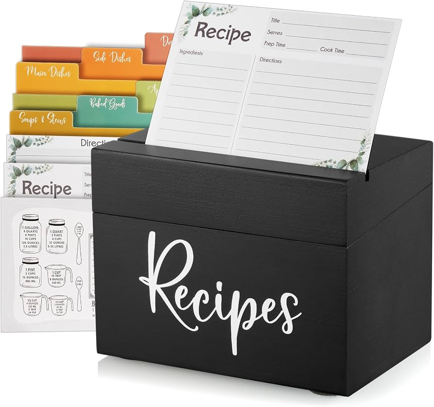 DRASTAR Recipe Box, Wooden Recipe Organizer,Black Recipe Holder Box with 50 Recipe Cards 4"x6" & ... | Amazon (US)
