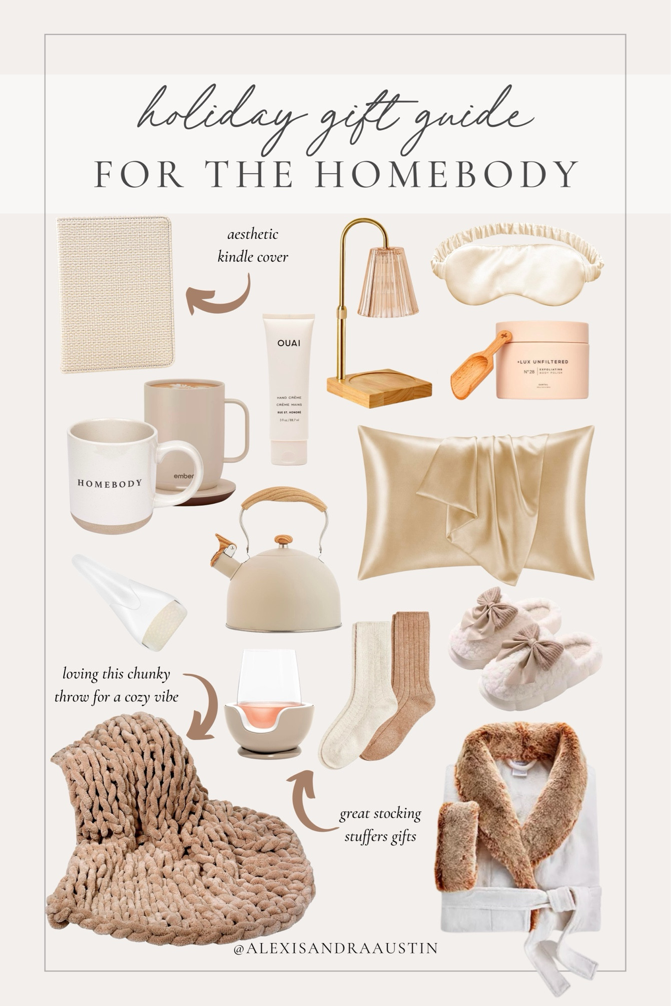 Holiday gift guide for the homebody! Neutral and cozy finds for the person who loves to be comfy at home 

Gift guide, holiday gifting, homebody gifts, neutral gifts, kindle cover, wine chiller, cozy robe, knit blanket, tea kettle, silk pillow, self care gifting, ice roller, Ember mug, cozy slippers, neutral socks, candle warmer, sleep mask, stocking stuffers, shop the look!

#LTKHoliday #LTKGiftGuide #LTKSeasonal