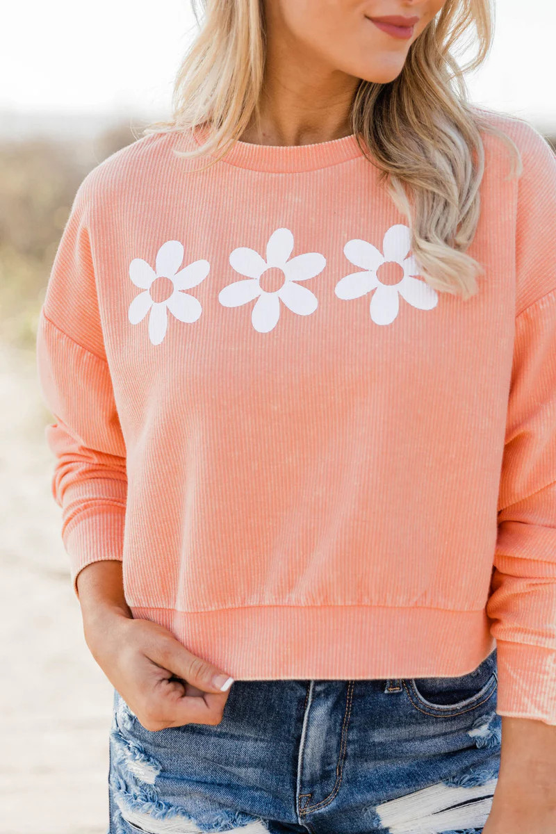 Daisies Cropped Corded Salmon Graphic Sweatshirt | The Pink Lily Boutique