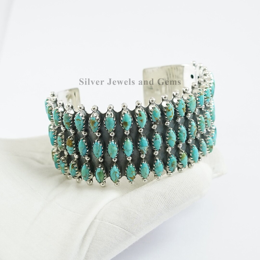 Genuine Kingman Turquoise Cuff Bangle, Turquoise Cluster Bracelet, 925 Sterling Silver Cuff, Boho... | Etsy (US)