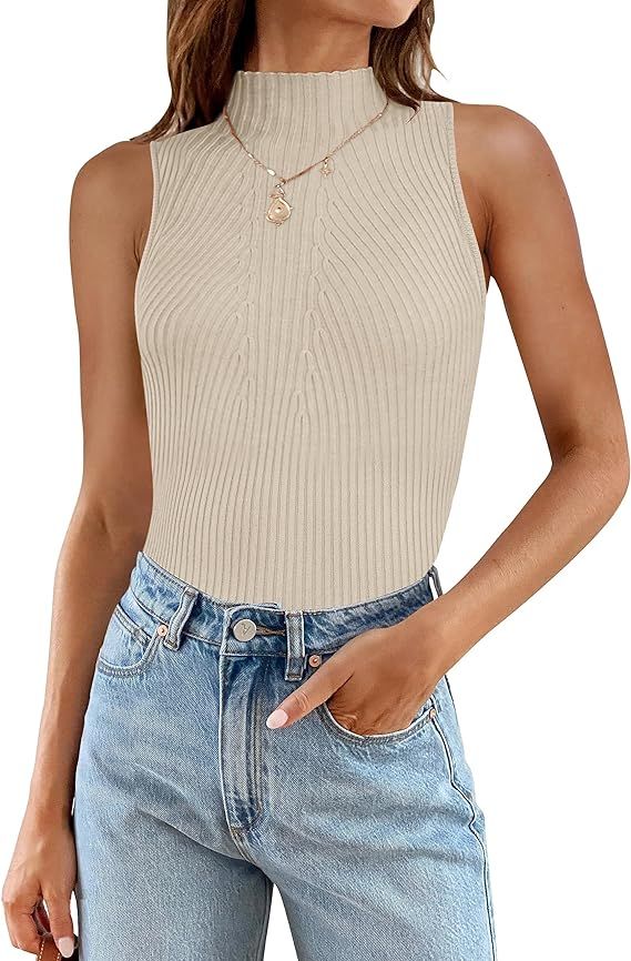 ZESICA Womens Summer Casual Ribbed Tank Tops Mock Turtle Neck Slim Fitted Basic Knit Sleeveless S... | Amazon (US)