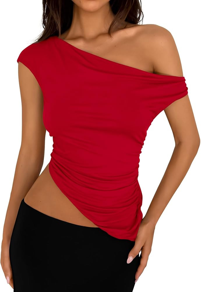 PRETTYGARDEN Womens Off The Shoulder Y2K Tops 2026 Summer Sleeveless Asymmetrical Ruched Going Ou... | Amazon (US)