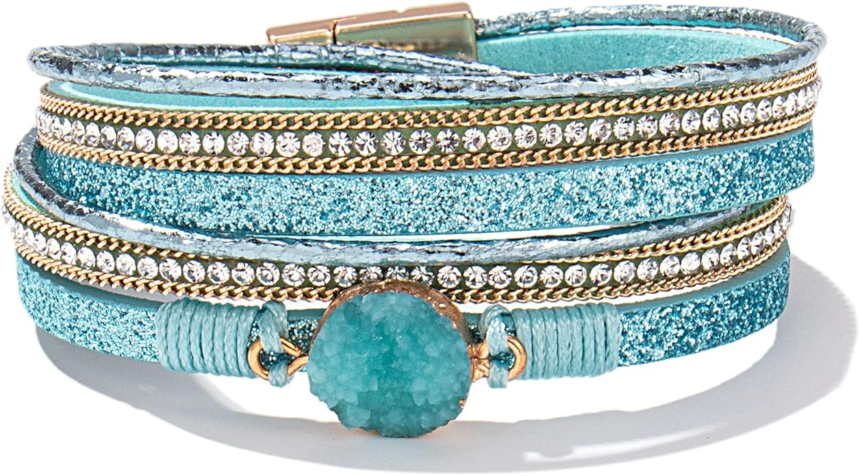 FANCY SHINY Boho Wrap Bracelets Leather Cuff Bracelet Bohemian Jewelry Resin Stone Leather Neckla... | Amazon (US)