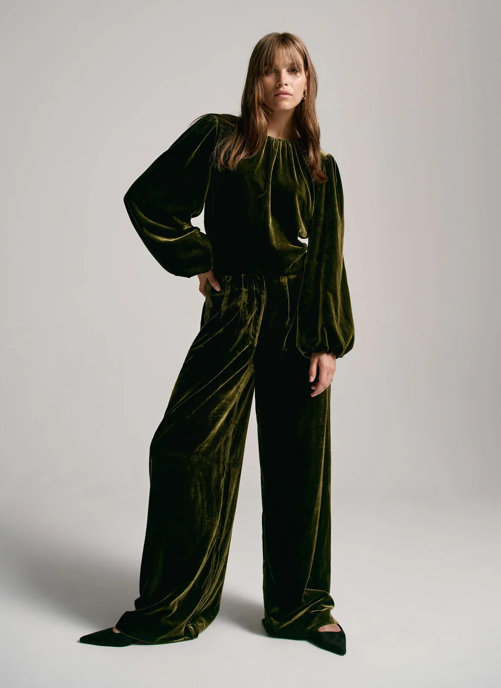 Khaki Velvet Long Sleeve Top | Mint Velvet