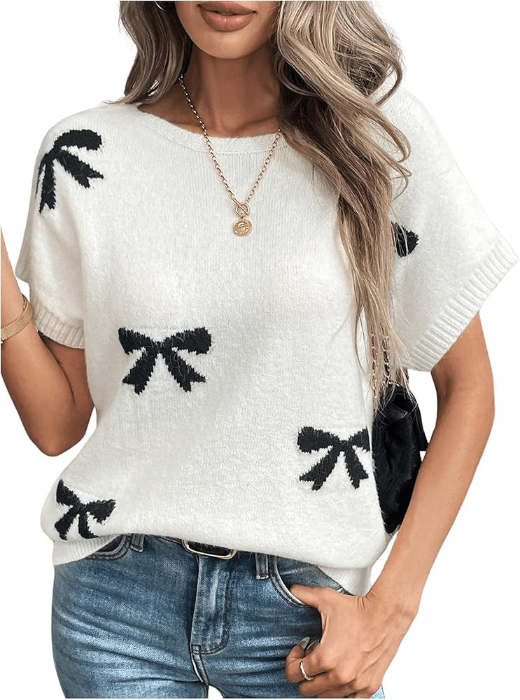 GORGLITTER Women's Short Sleeve Bow Sweater Tops Cute Spring Summer Fashion Knit Pullover Sweater... | Amazon (US)