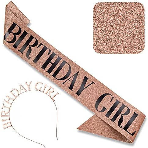 CORRURE 'Birthday Girl' Sash and Headband Tiara - Rose Gold Glitter with Black Foil Happy Birthday S | Amazon (US)