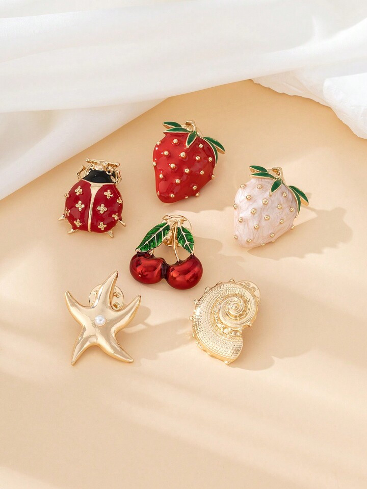 Fashionable And Cute Enamel Alloy Brooch Pin With Strawberry, Cherry, Ladybug, Snail And Starfish... | SHEIN